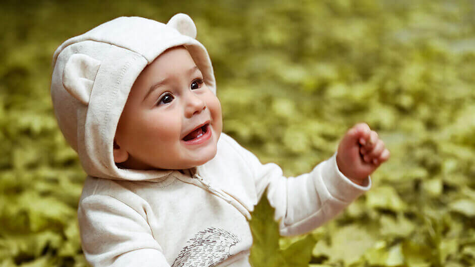 Ein Baby im Wald mit einem Ahornblatt in der Hand. Es trägt einen Kapuzenpulover, an dessen Kapuze Bärenohren sind und lacht.