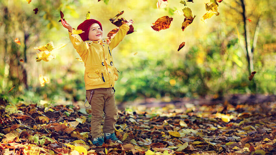 Ein kleiner Junge spielt im Wald mit Herbstlaub: Er wirft es hoch und guckt den fallenden Blättern fröhlich zu.