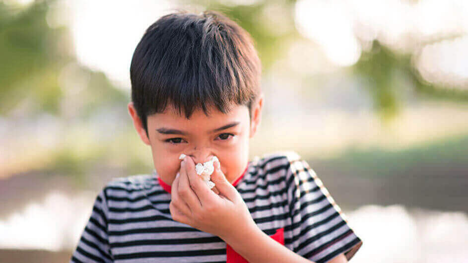 Ein Junge niest wegen Heuschnupfen in ein Taschentuch