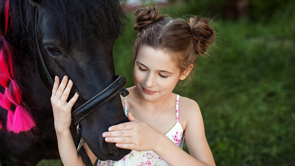 Ein Mädchen streichelt ein Pferd. Das Kind lächelt. Das Pferd ist mit Pinken Kordeln geschmückt und hat schwarzes Fell.
