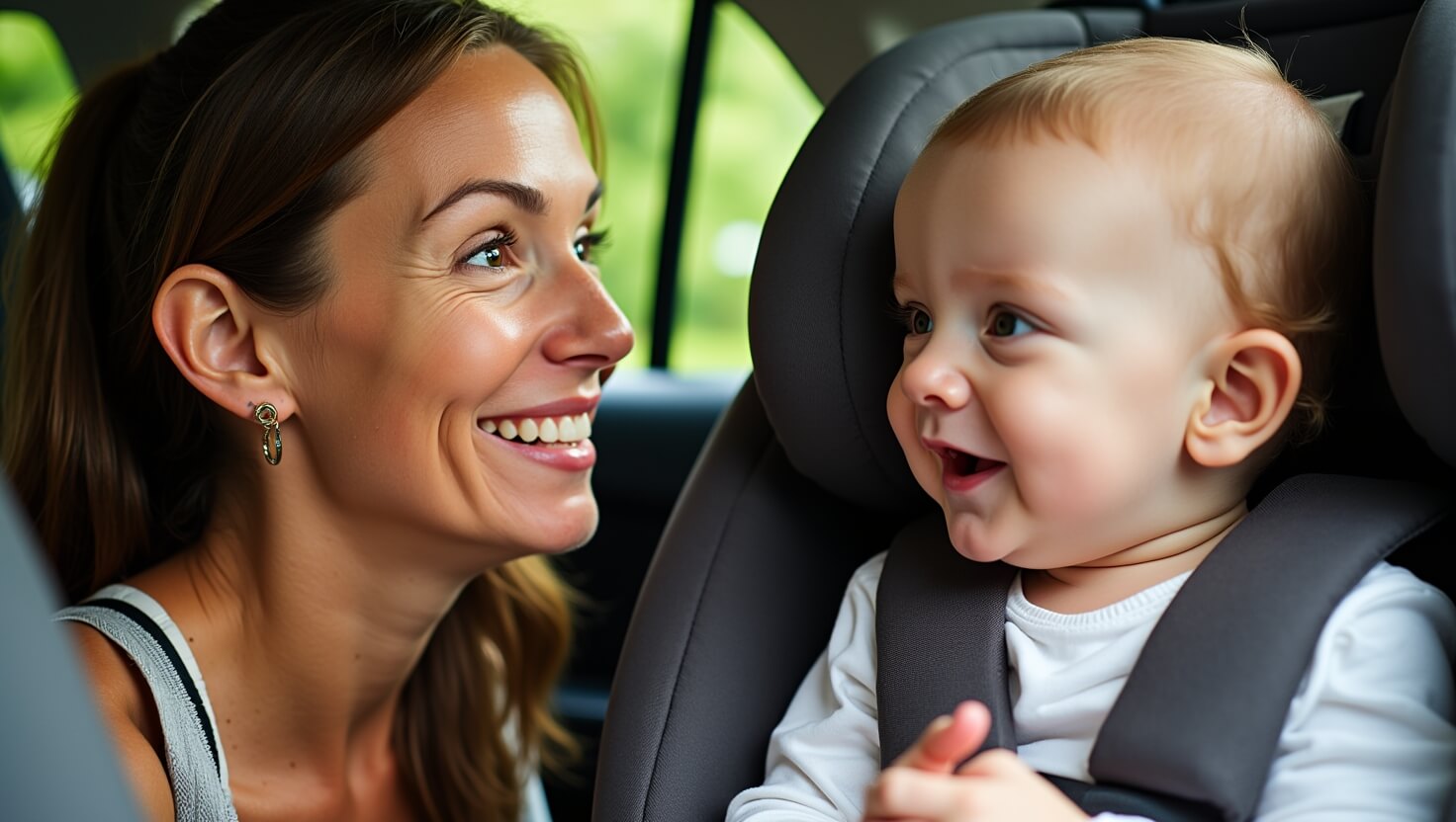 Eine lächelnde Mutter mit sanftem Blick blickt zurück auf ihr Kind im Kindersitz