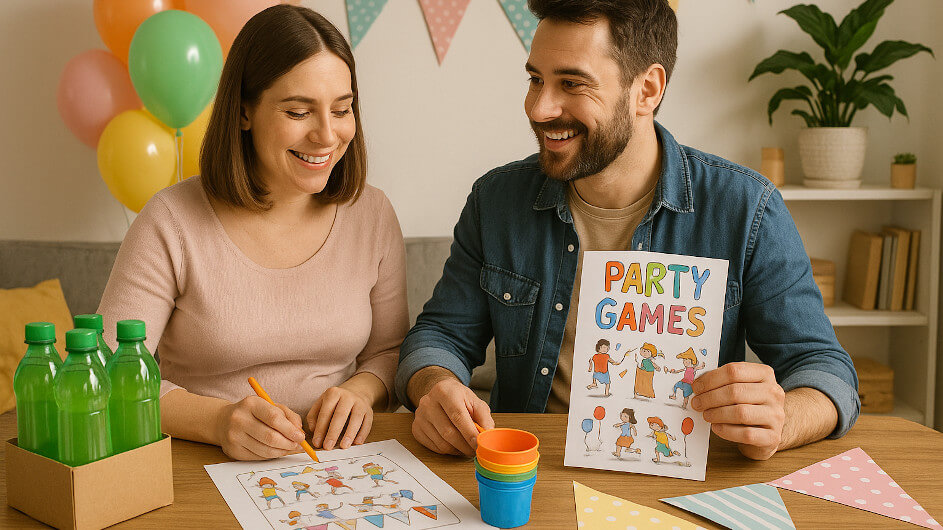 Eltern bei der Vorbereitung von Spielen, Getränkeversorgung und Dekoration